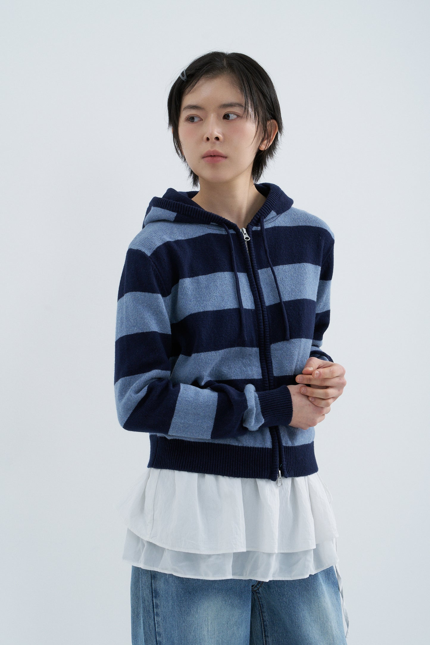 (Women's) Striped Knit Hooded Zip-up CBFSWKC001