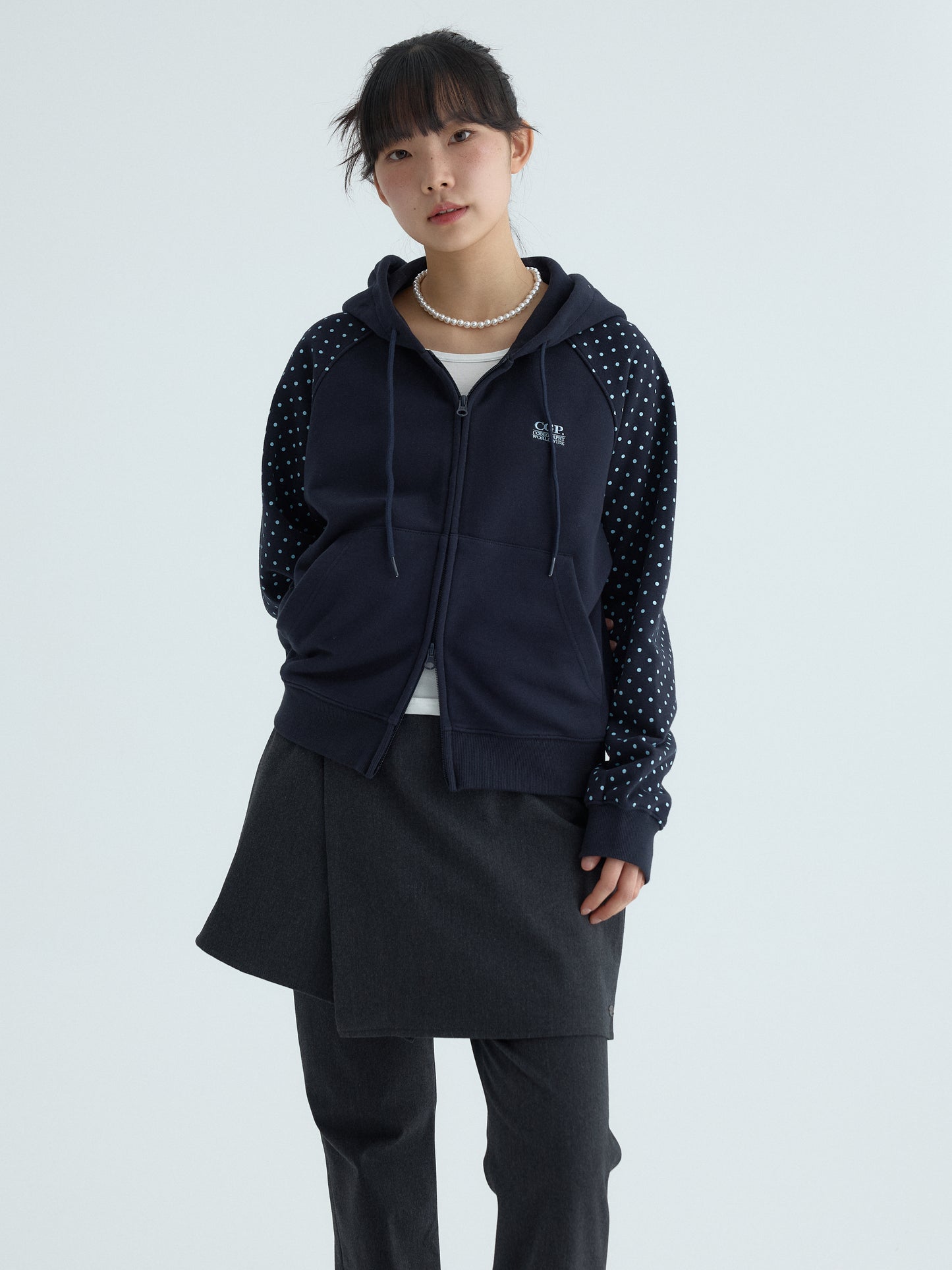 (Women's) Raglan Contrast Dot Hooded Zip-up CBFSWTC005