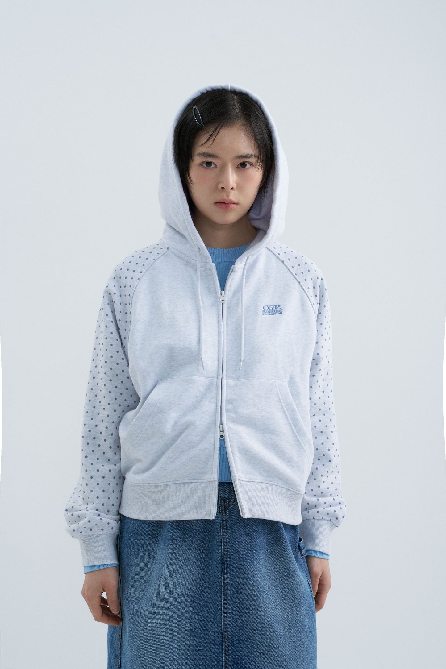 (Women's) Raglan Contrast Dot Hooded Zip-up CBFSWTC005