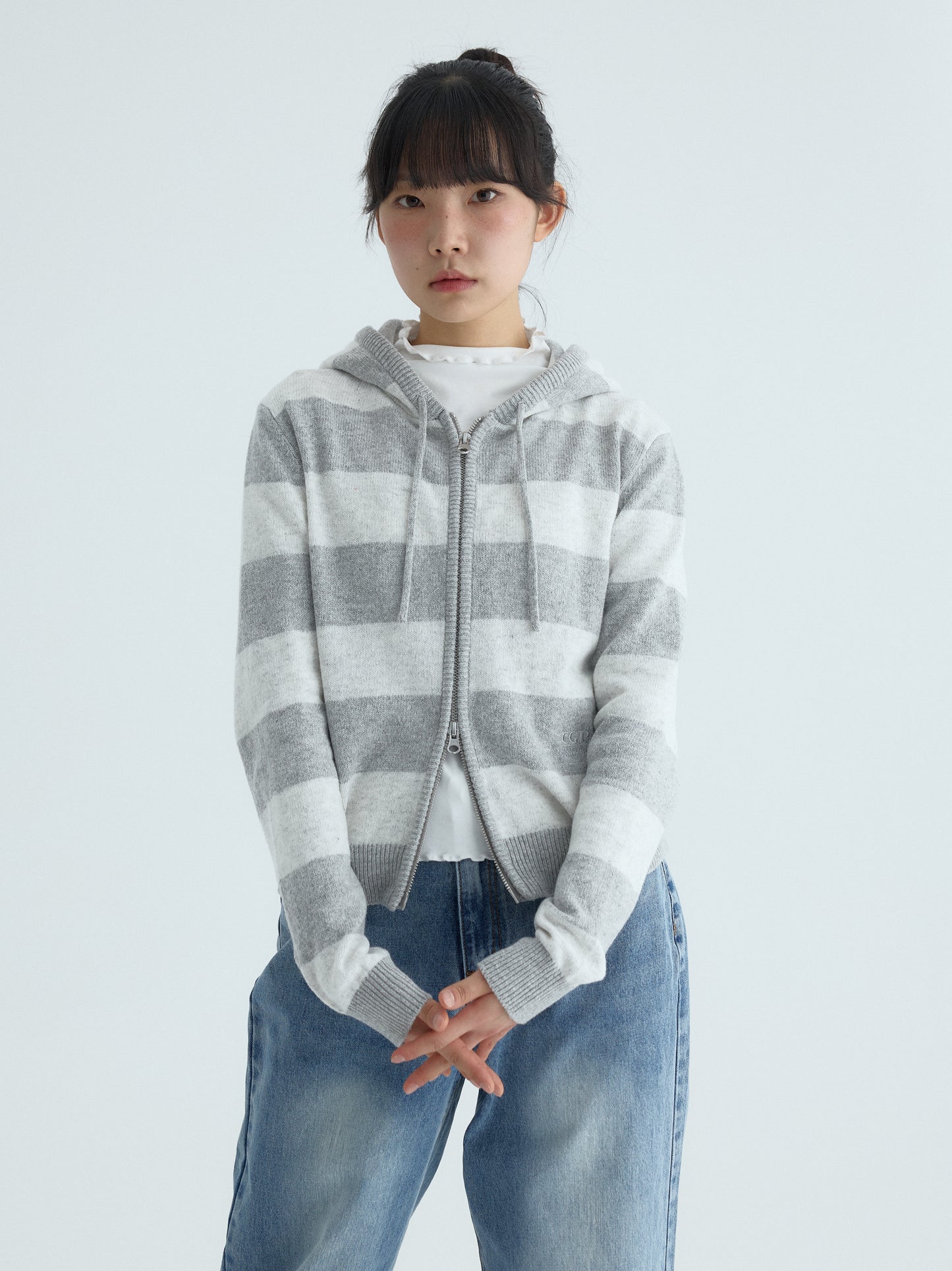 (Women's) Striped Knit Hooded Zip-up CBFSWKC001